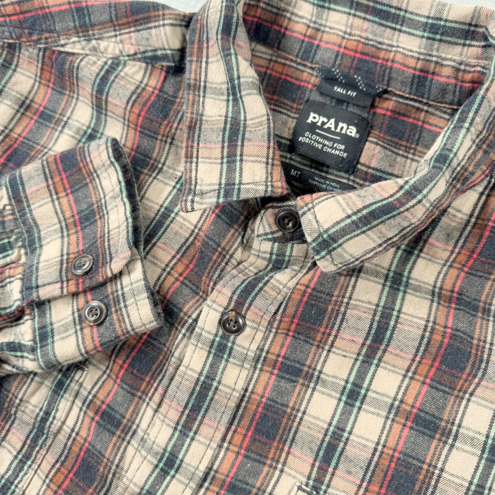 Prana Mens Medium Tall Fit Plaid‎ Button Down Long Sleeve Gorpcore Hiking Casual